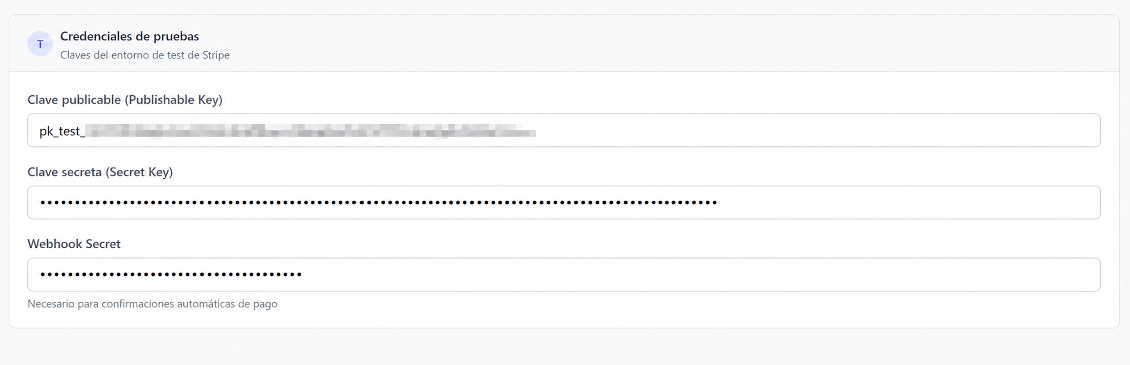 Configuración de Stripe en pruebas con credenciales y webhook secret cargados
